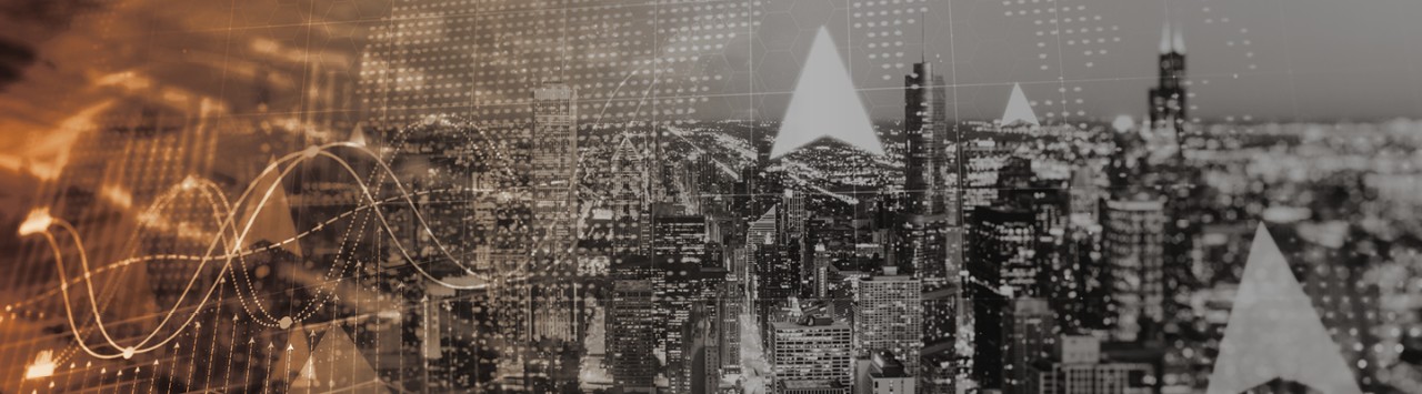 DNA strand, arrows and geometric patterns superimposed on a cityscape