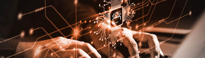 Person typing with motherboard overlay