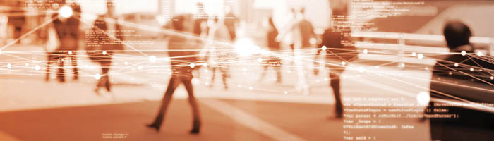 People walking with digital overlay