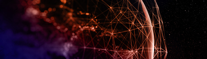 A close-up of a globe in Aurora colors, adorned with thin interconnecting lines, symbolizing the global connectivity and innovation in language services.