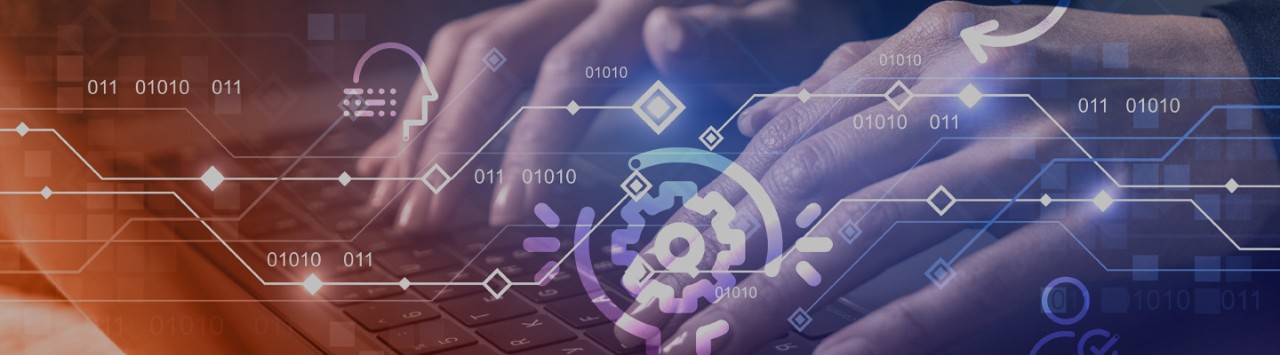 A person typing on a laptop, surrounded by abstract digital symbols and binary code, illustrating the emergence of new terminology in the language services sector.