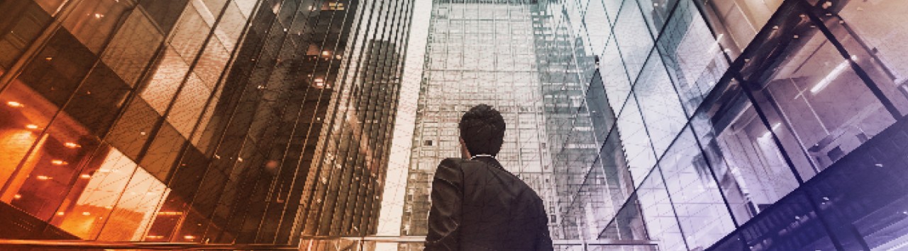 Businessperson surrounded by skyscrapers symbolizing numerous vendor choices in a corporate landscape.