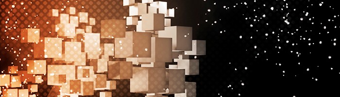 Dots and three-dimensional cubes overlay a dark background