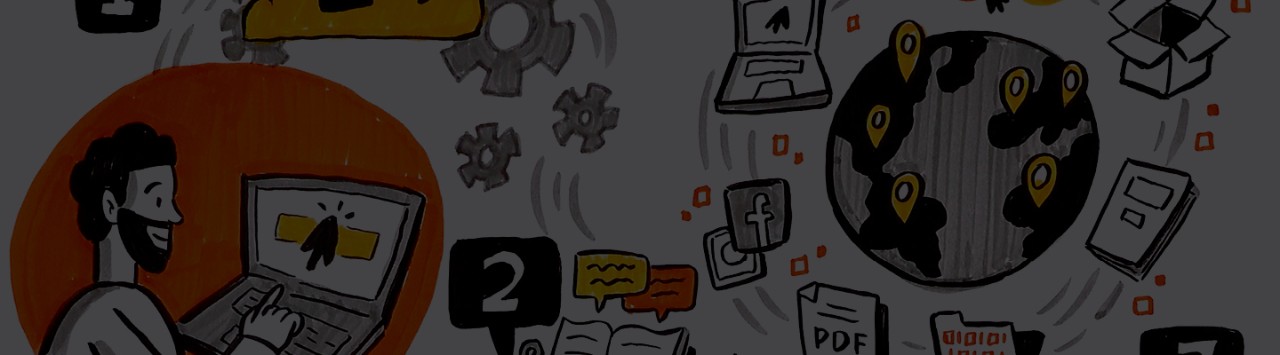 Cartoon imagery of person at computer and content lifecycle