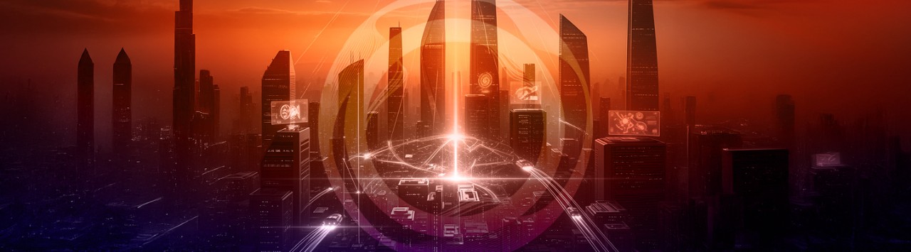 An array of light appears between buildings in a thriving city 