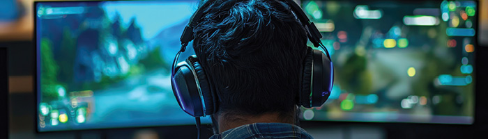 A person sitting in front of a monitor playing a game.