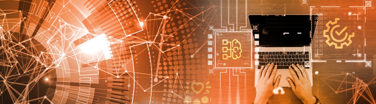 person using laptop and icon designs