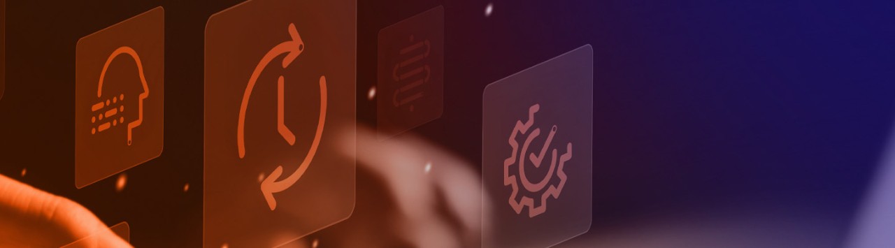 Icons on tiles with a purple and orange background