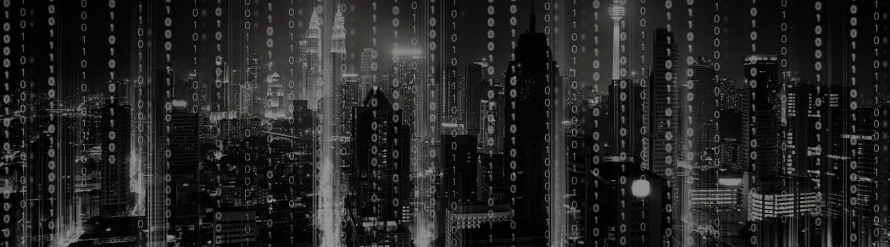 Cityscape overlaid with binary numbers