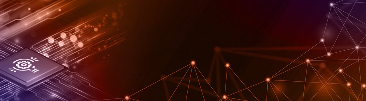 A microchip with a lightbulb and gear icon in the middle of it surrounded by holographic circuitry. 
