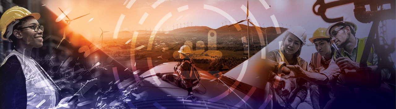 Industrial workers working on wind turbines