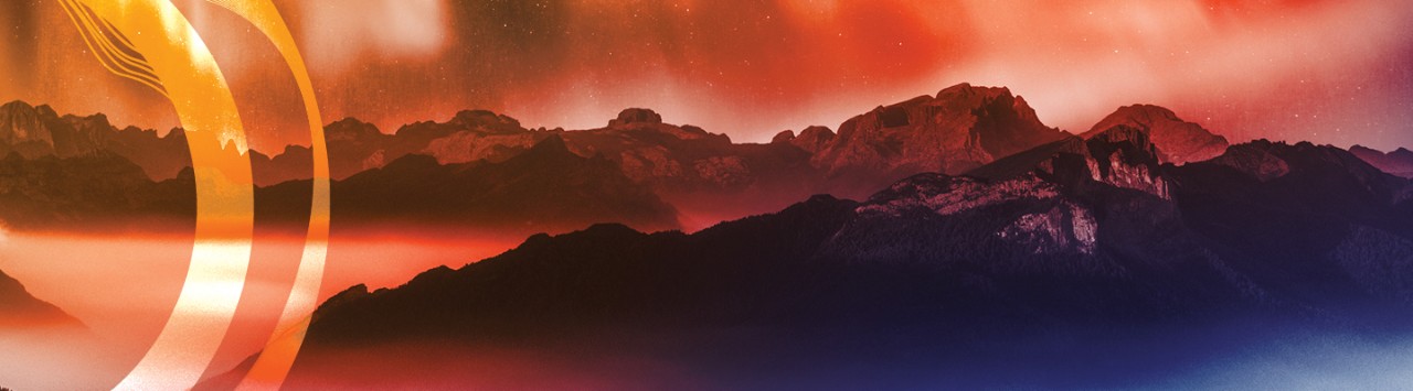 A dynamic blend of natural and abstract elements: a vivid mountain landscape under a glowing red and orange sky, enhanced by ethereal aurora patterns. Overlaid with Aurora logo rings and wave-like graphics, creating a striking fusion of organic and digital aesthetics.