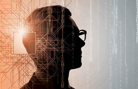 Silhouette of a man wearing glasses. A geographic pattern is overlaid on half the image, and binary code is in the background of the other half of the image.