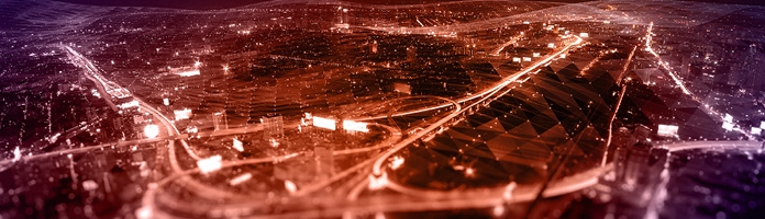 Paisaje urbano aéreo nocturno que simboliza la comunicación mundial y los servicios lingüísticos avanzados 