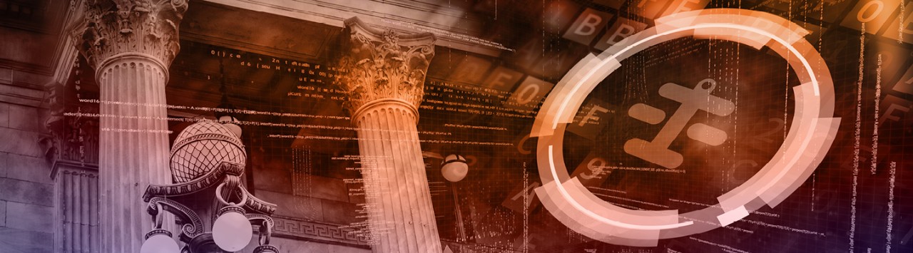 colonnes doriques et icône juridique sur fond orange 