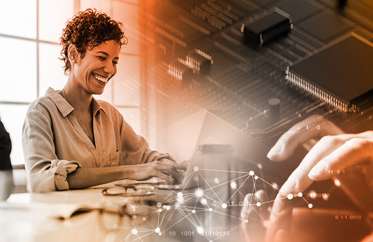 Worker smiling upon receiving content generated by AI