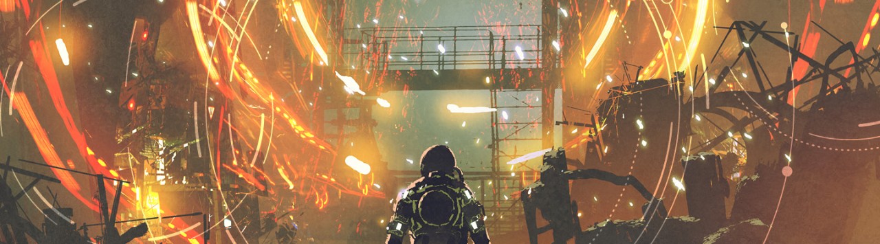 Game character entering a fiery environment
