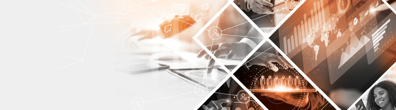 Corporate collage conveying global SEO initiatives and people conducting web searches.
