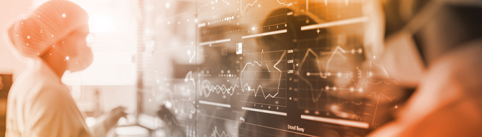 Ricercatori che rivedono set di dati su un grande schermo