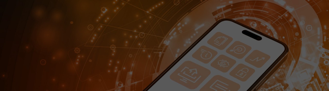 Un telefono cellulare che visualizza varie app su uno sfondo tecnologico futuristico, che indica la localizzazione delle app.