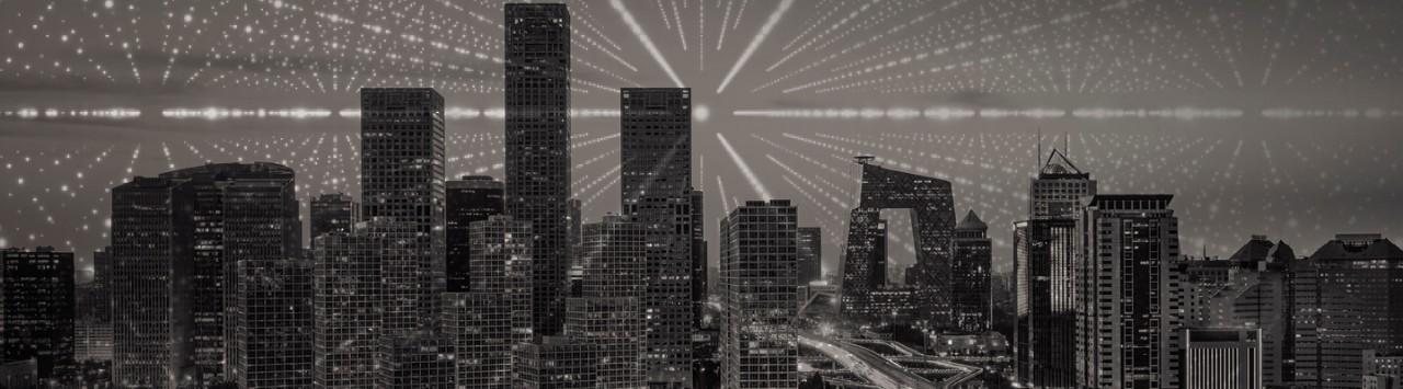 City skyline with overlaid light pattern