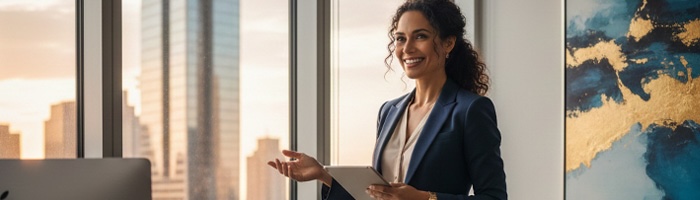 AI が生成した、都会の高層オフィスで働くビジネス スーツを着た白人女性の画像。 