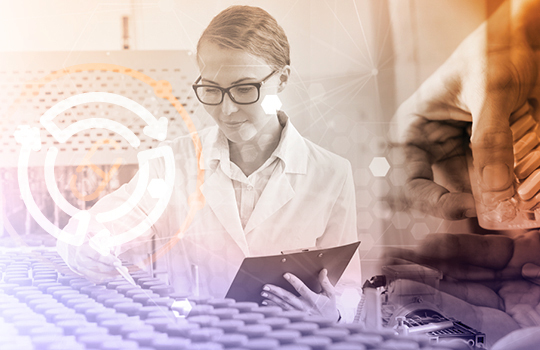 Researcher with medical bottles