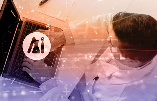 Medical researcher on a computer with AI icon