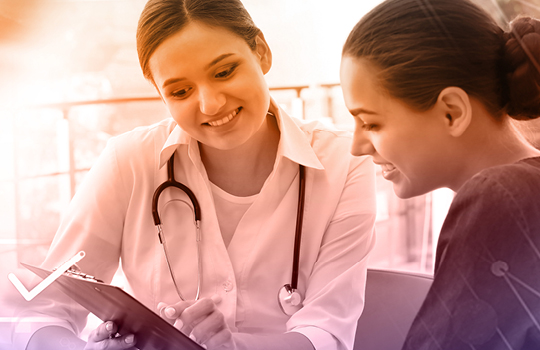 checkmark icon and clinical researcher and patient