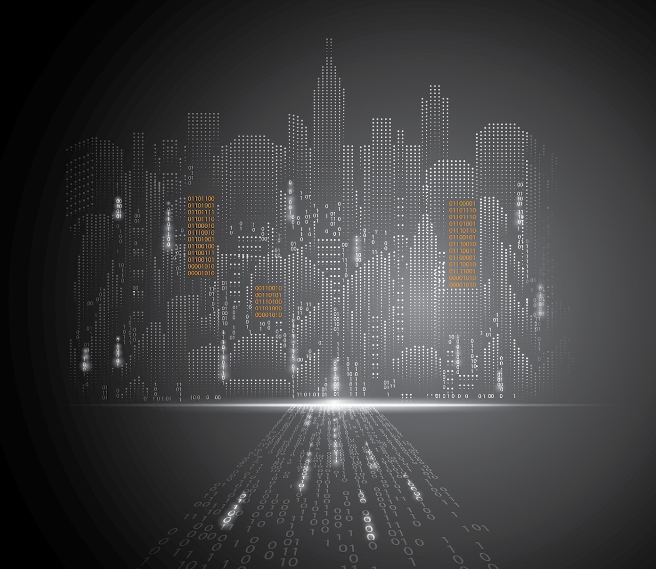 City scene made of binary code