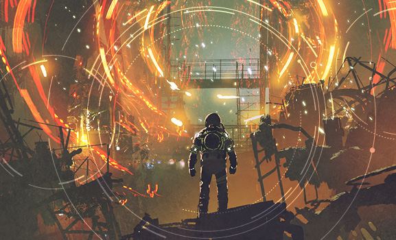 Game character entering a fiery environment
