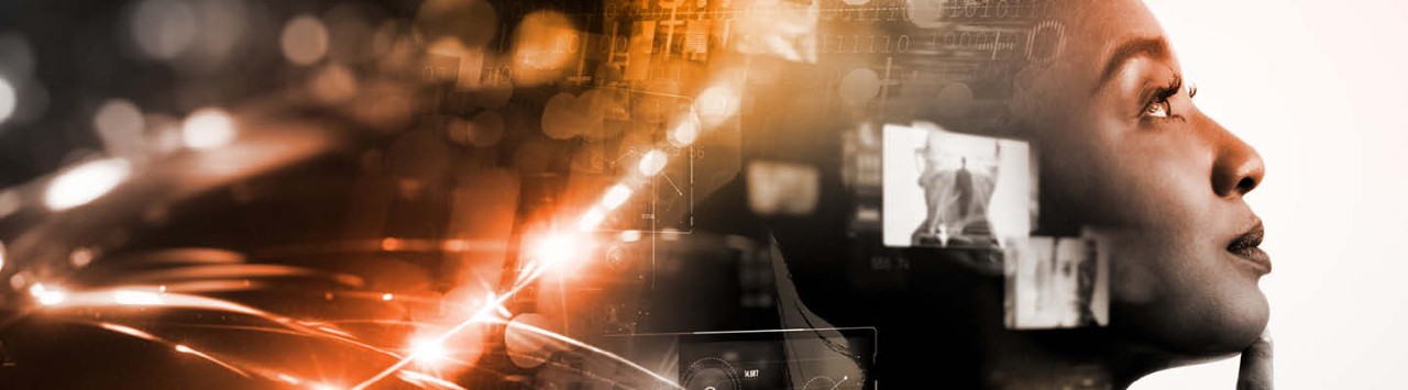 person with streams of data and light