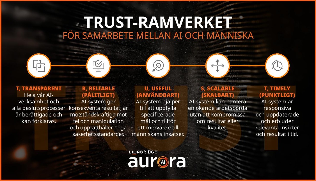 Grafik som sammanfattar huvudpunkterna i Lionbridge TRUST-ramverket.