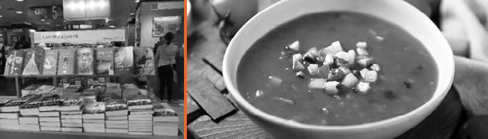 A book display and a bowl of soup