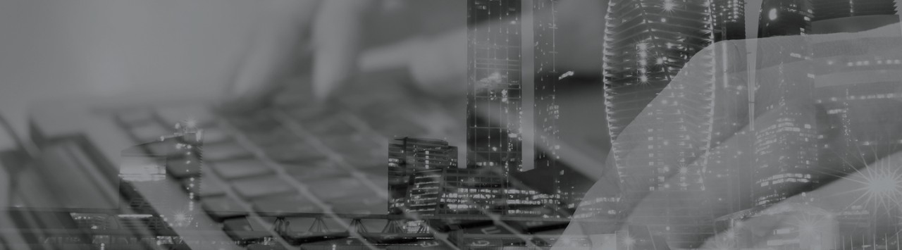 Person on computer with busy city background